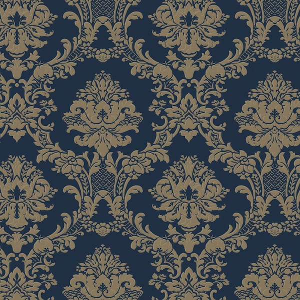 Classic Damask Wallpaper in Navy and Gold