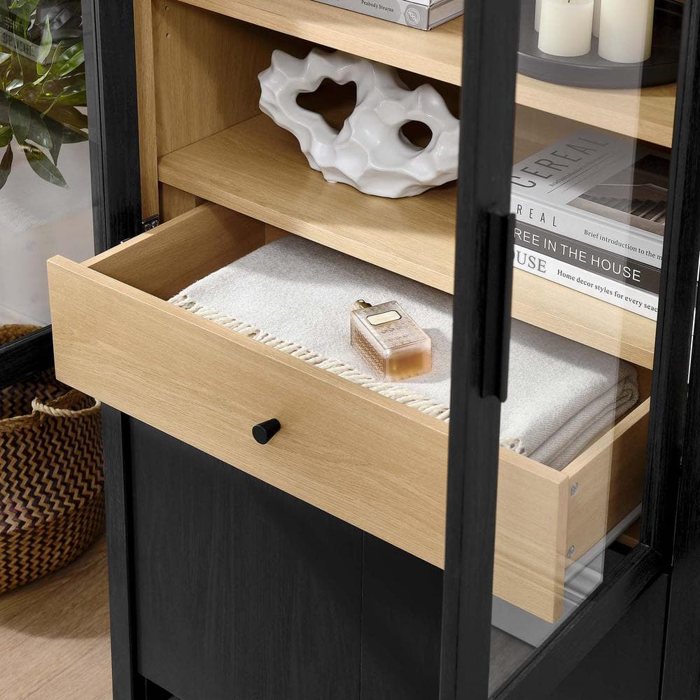 Evie Arched Black Oak Tall Display Cabinet with Glass Doors