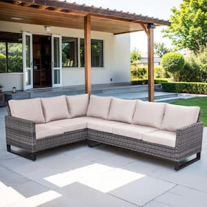 Valenta 3-Piece Gray Wicker Patio Conversation Set 6-Seater Outdoor Sectional Sofa Set with Beige Cushions