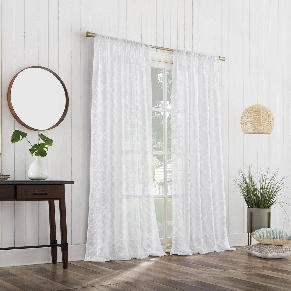 White Geometric Sheer Rod Pocket Curtain Panel 50" x 84"