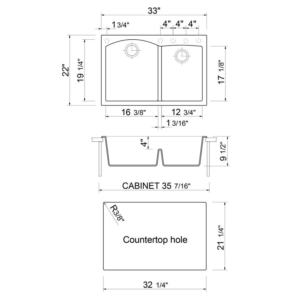 33'' Black Granite Double Bowl Drop-In Kitchen Sink