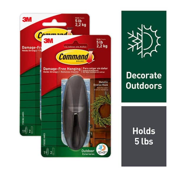 5 lbs. Large Metallic Bronze Outdoor Designer Hook (2-Pack) (2 Hooks, 4 Water Resistant Strips)