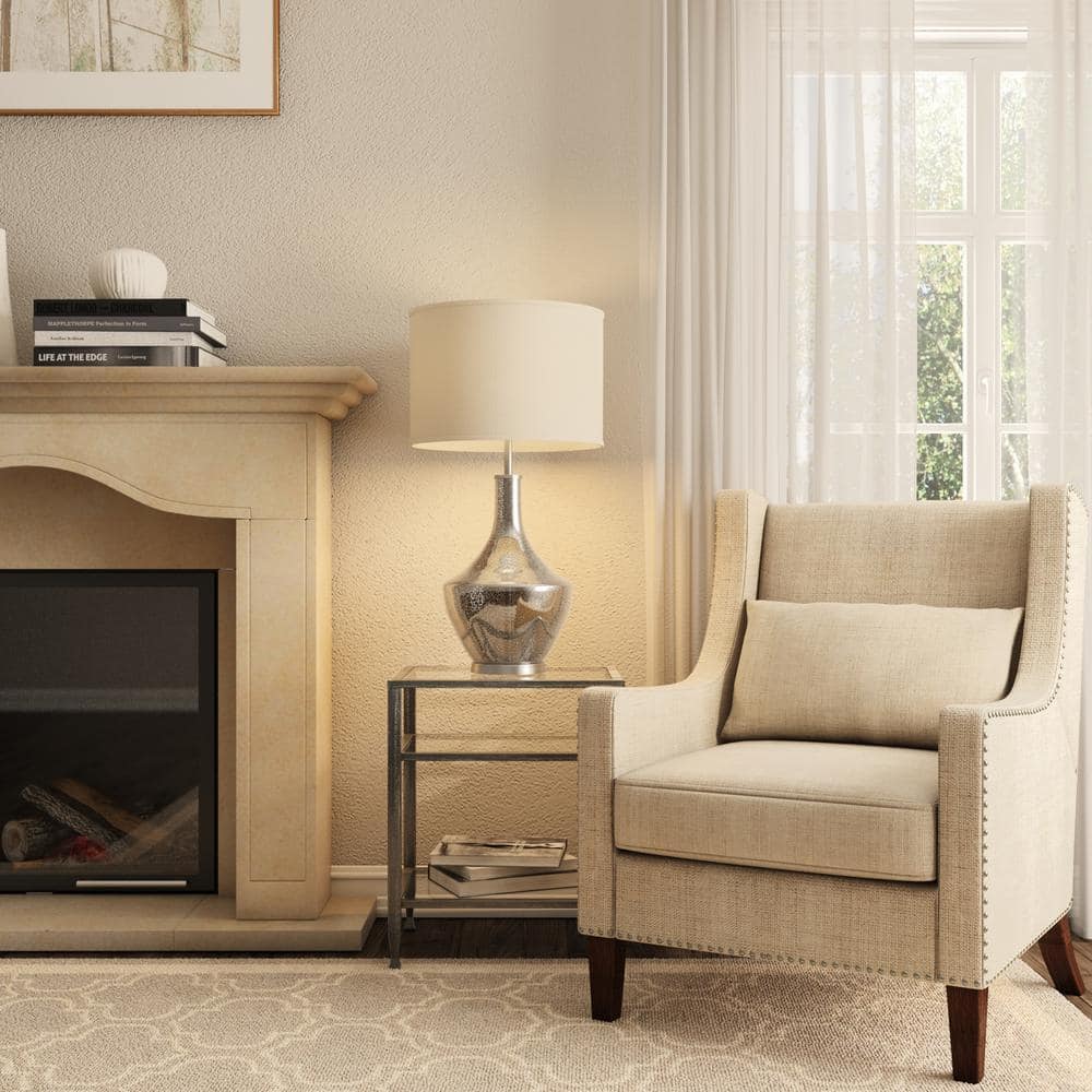 Silver Crackle Glass Nightstand Lamp with White Barrel Shade