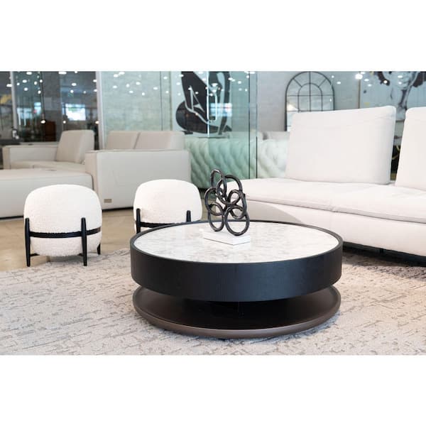 Modrest Miranda Modern 36.6 in. Black Oak Round Ceramic Glass Coffee Table