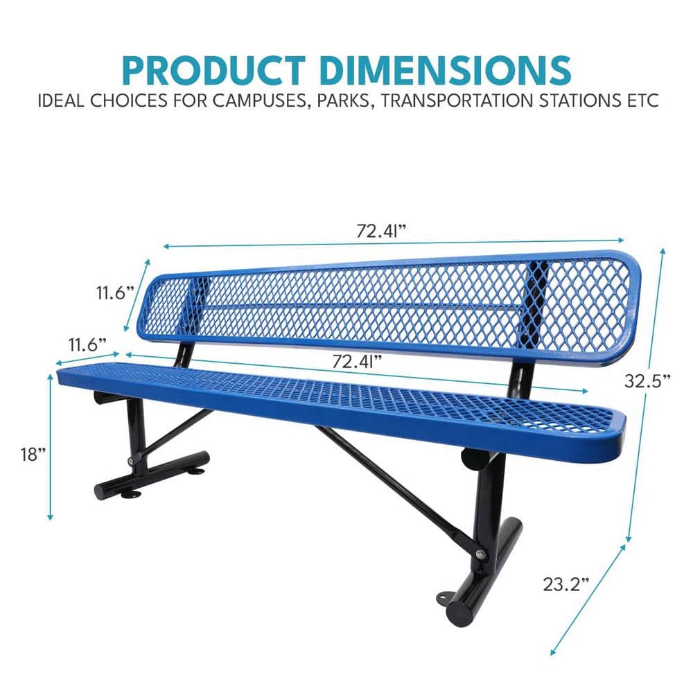 6 ft Blue Steel Outdoor Bench with Mesh Backrest