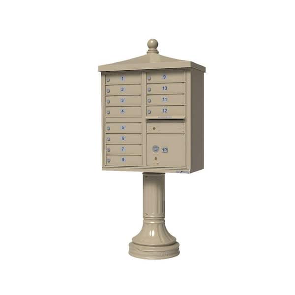 Florence USPS Delivery Pedestal Mounted vogue Traditional Cluster Box Unit with 12 Mailboxes, 1 Parcel Locker in Sandstone