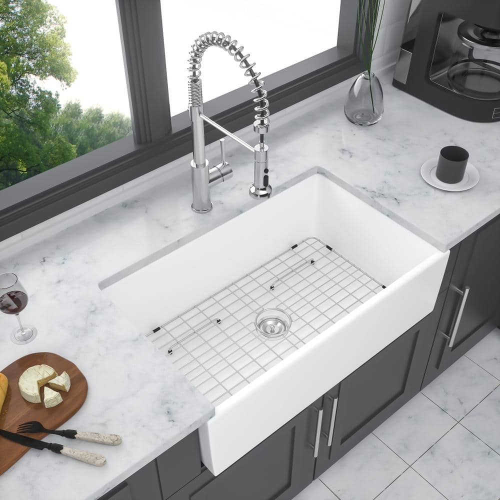 36 in. Farmhouse Single Bowl White Ceramic Kitchen Sink with Bottom ...