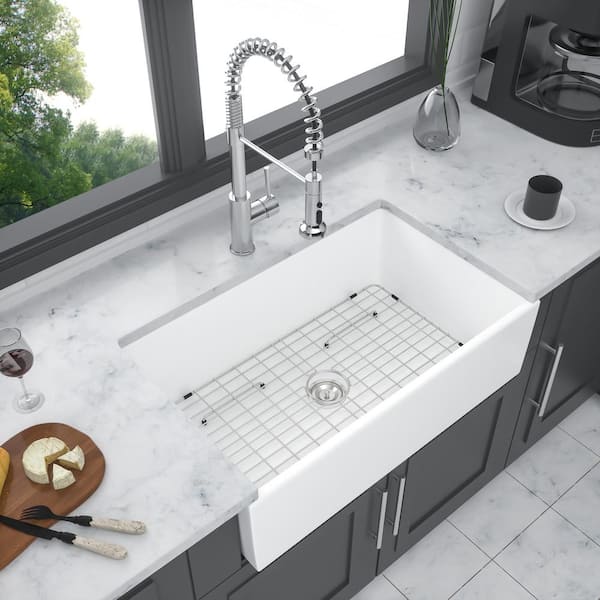 Unbranded 36 in. Farmhouse Single Bowl White Ceramic Kitchen Sink with Bottom Grids