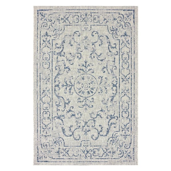 LR Home Silveria Patio Navy Blue/Gray 7 ft. 9 in. x 9 ft. 9 in. Distressed Border Medallion Indoor/Outdoor Rectangle Area Rug