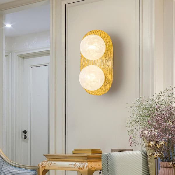 Gold Wall Sconce Set Of 2 - Alabaster Glass Vanity Lights, No Plug-In