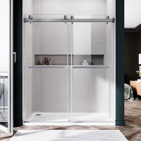 UNIKOO UKD01 56 to 60 in. W x 72 in. H Double Sliding Frameless Shower Door in Space Gray, Enduro Shield 3/8 in. Clear Glass