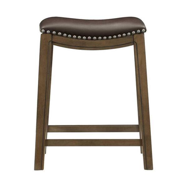EVERGLADE HOME Pecos 26 in. Brown Backless Wood Frame Saddle Bar Stool with Brown Faux Leather Seat