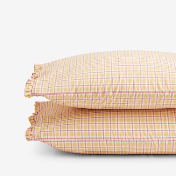 The Company Store Company Cotton Sunshine & Blooms Coral/Orange Plaid Cotton Percale King Pillowcase (Set of 2)