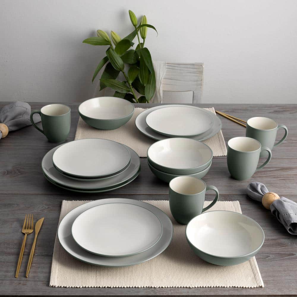 Green and Cream Stoneware Coupe Salad Plates, 8.25" Set of 4