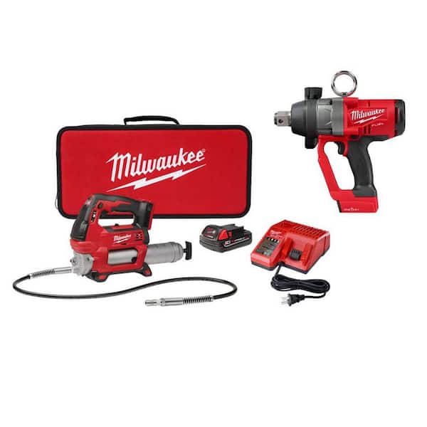 M18 18V Lithium-Ion Cordless Grease Gun 2-Speed w/ (1) 1. 5Ah Batteries, Charger, Tool Bag, & 1 in. Impact Wrench