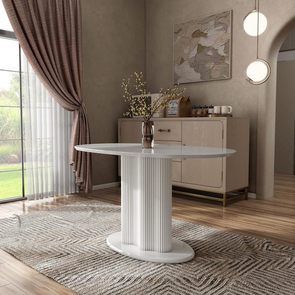 Esso Modern White Engineered Wood Oval 55.1 in. Pedestal Dining Table Seats 6