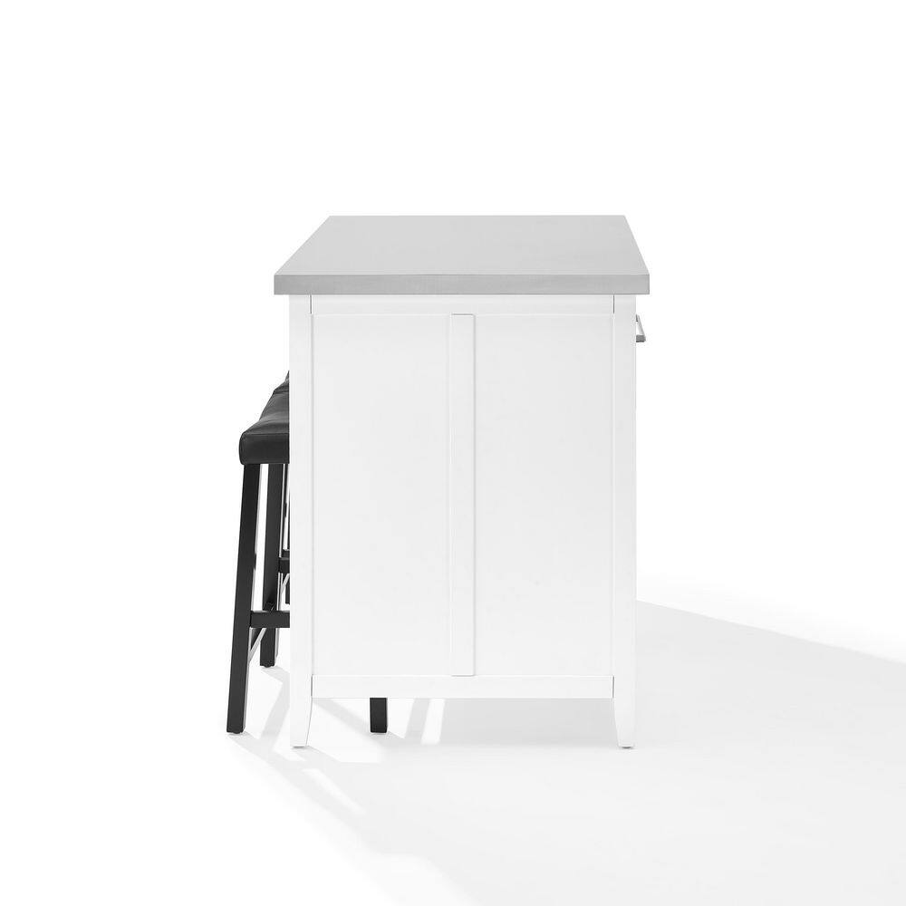 Silvia White Kitchen Island with Stainless Steel Top and Black Upholstered Saddle Stools