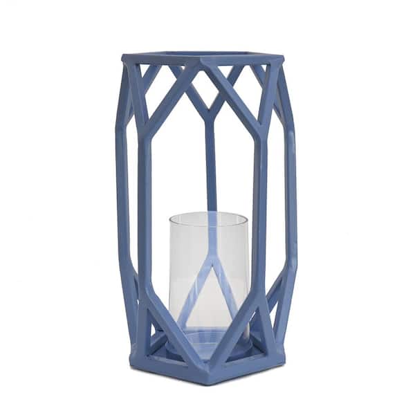 National Outdoor Living 11 in. Candle Lantern with Glass Chimney, Ice Melt Blue