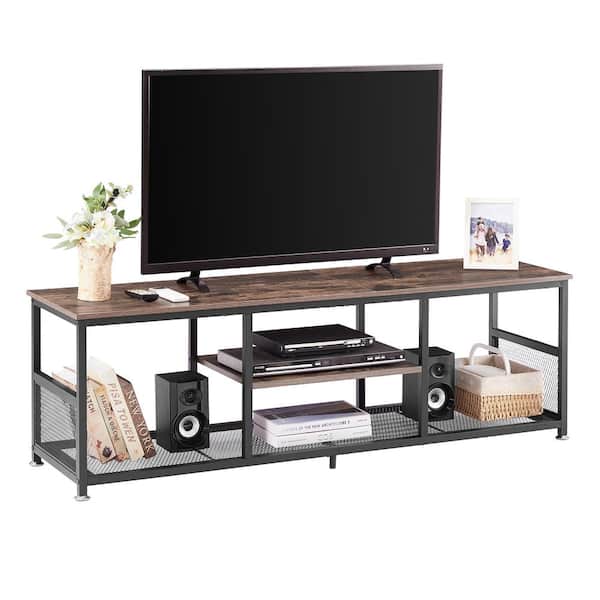 VECELO Industrial TV Stand for Televisions up to 60 in. 55 in. TV Console with Open Storage Shelves 3-Tiers Console Table Brown