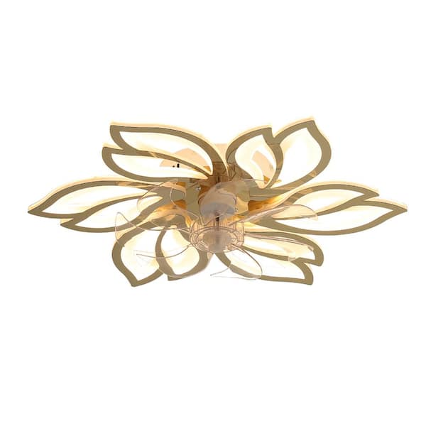 13.78 in. Clear Blade Flush Mount Ceiling Fan with 3 CCT White Integrated LED Nordic Flower Gold Double-Layer 6-Petal
