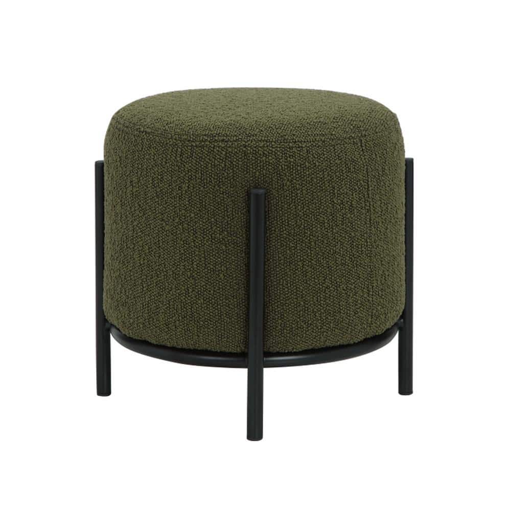 Green Boucle Round Cushioned Ottoman Stool with Black Metal Frame