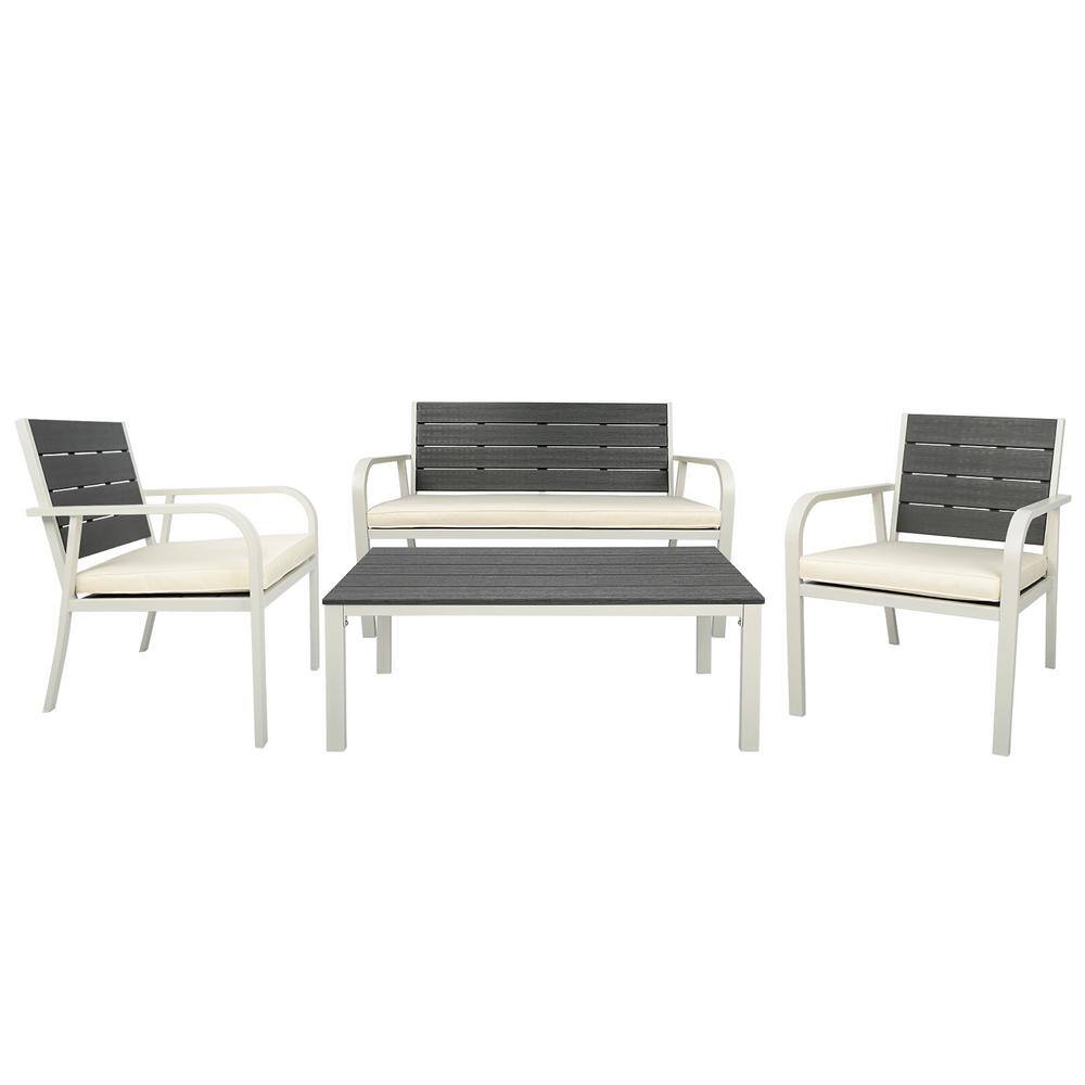 4-Piece Black Wood Grain Design PE Steel Frame Outdoor Loveseat Furniture S