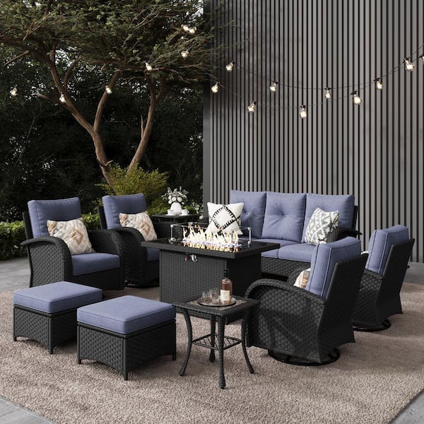 10-Pieces Wicker Swivel Outdoor Chairs Rectangle Fire Pit Patio Conversation Set with Navy Blue Cushions