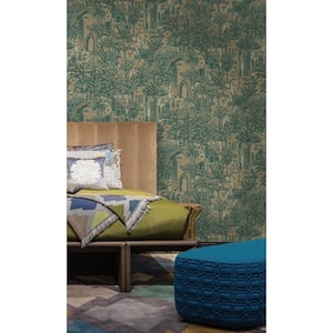 Green Tropical Palm Leaves in Ancient Time Botanical-Shelf Liner Non-Woven Non-Pasted Wallpaper (57 sq. ft.) Double Roll