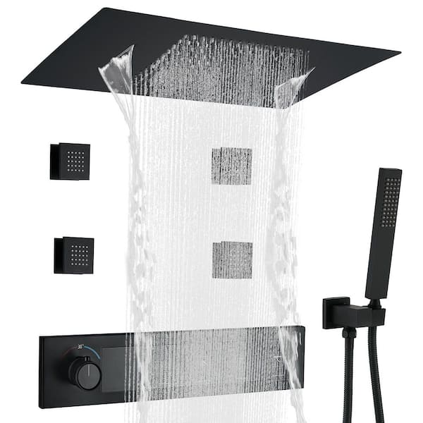 5-Spray Dual Ceiling Mount Fixed and Handheld Shower Head 1.59 GPM in Matte Black Thermostatic Shower System 4 Body Jet