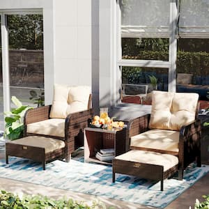 5-Piece Wicker Patio Conversation Set, Outdoor Chairs with Beige Cushions, Coffee Table and Ottomans