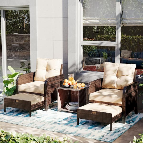5-Piece Wicker Patio Conversation Set, Outdoor Chairs with Beige Cushions, Coffee Table and Ottomans