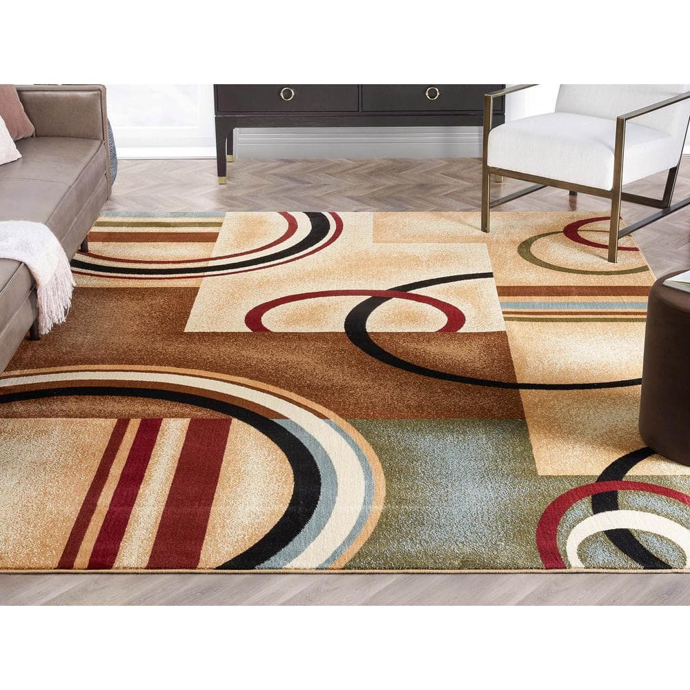 Ivory and Multicolor Geometric Pattern Synthetic Area Rug