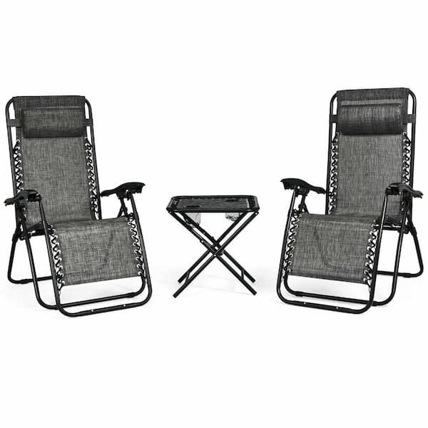 FORCLOVER 3-Piece Metal Fabric Folding Portable Zero Gravity Reclining Lounge Chairs Table Patio Conversation Set in Gray