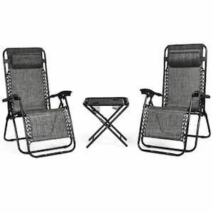 3-Piece Metal Fabric Folding Portable Zero Gravity Reclining Lounge Chairs Table Patio Conversation Set in Gray