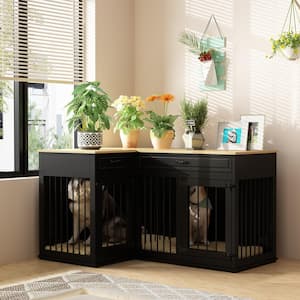 Large Dog Crate Furniture for 2 Dogs, Black Wooden Dog Kennel Corner Dog Crate with Drawers Perfect for Limited Room
