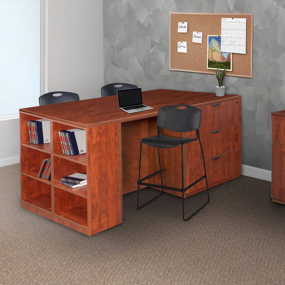 Legacy 85 in. Cherry Stand Up Lateral File/ 3 Desk Quad with Bookcase End