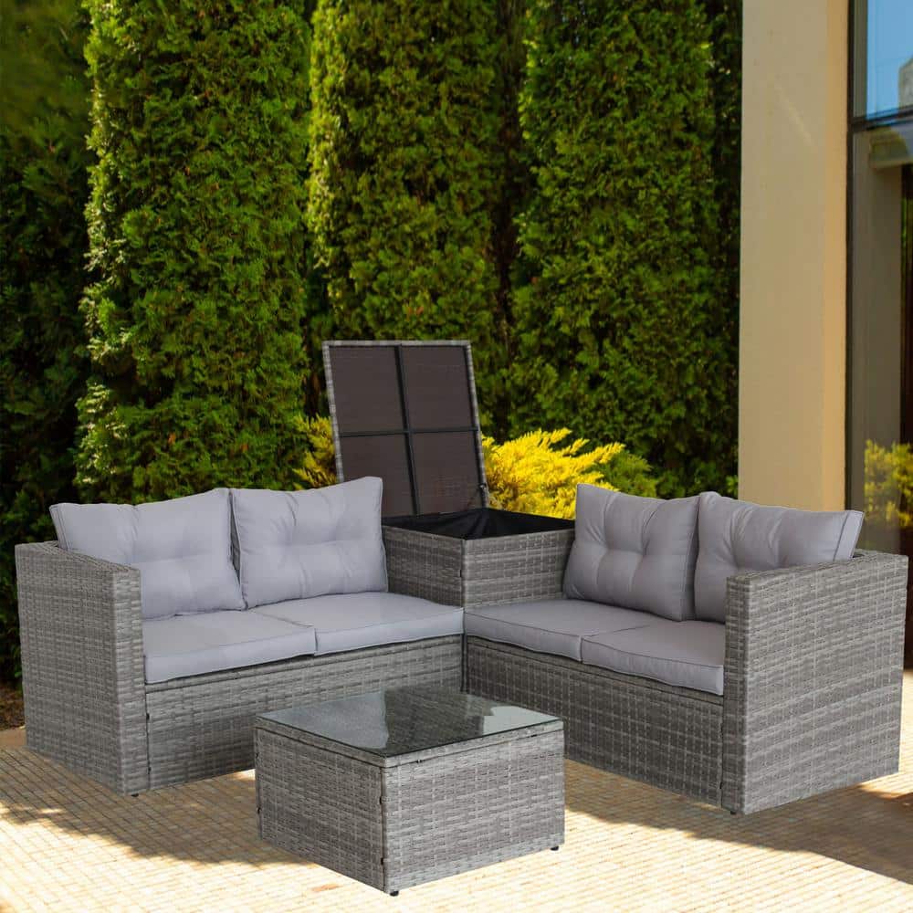 4 Piece Gray Wicker Outdoor Sectional Set with Cushion and Storage Table We