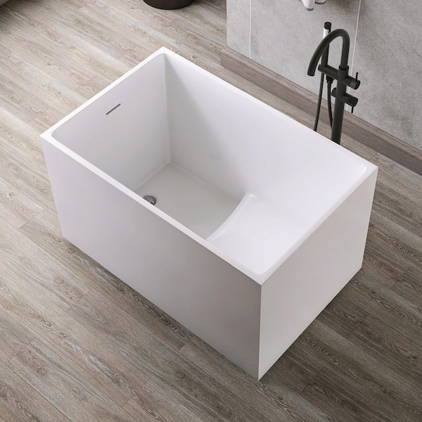 Ivan 43 in. x 28 in. Small Acrylic Flatbottom Freestanding Japanese Soaking Bathtub in White with Seat