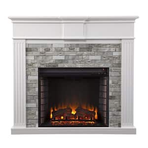 Bondale 41.75 in. Freestanding Wooden Electric Fireplace with Faux Stone Surround in White
