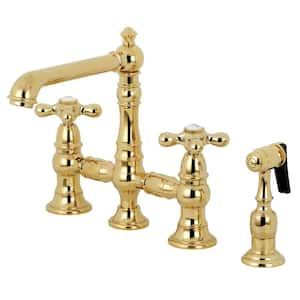 English Country 2-Handle Bridge Kitchen Faucet with Side Sprayer in Polished Brass