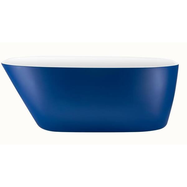 VANITYFUS 62.4 in. Acrylic Freestanding Flatbottom Slipper Soaking Bathtub in Matte Blue with Brass Drain and Overflow