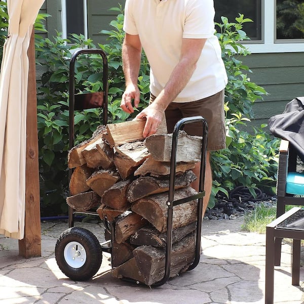 AUTMOON Indoor Outdoor Firewood Fireplace Log Rolling Cart, Heavy-Duty Firewood Rack with Pneumatic Wheels