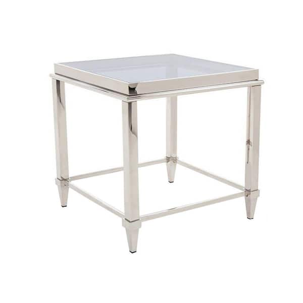 Benjara 24 in. Silver and Clear Square Glass End Table with Metal Frame