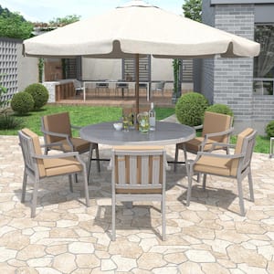 Dining Set Antique Gray of 7-Piece Wood Round 28.54 in. Outdoor Dining Set with an Umbrella Hole and Brown Cushions