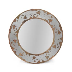 22.5 in. W x 22.5 in. H Round Wood Natural Frame Wall Mirror with Aluminum Accents