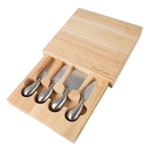 5-Piece Wooden Cheese Board with Stainless Steel Tools