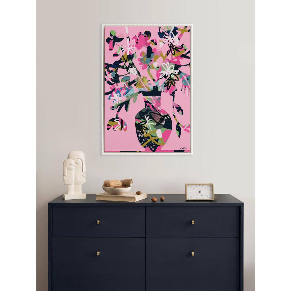 Colorful Floral Vase Print on Pink Canvas with White Beaded Frame