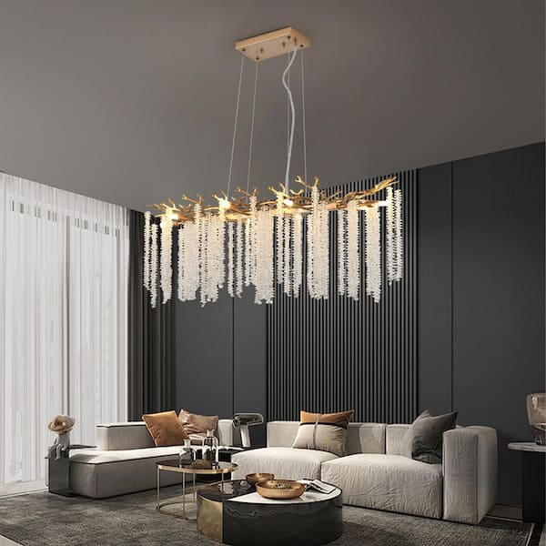 39 in. W 8-light Gold Chandelier with Cascading Crystal Strands for Living Room, Dining Room