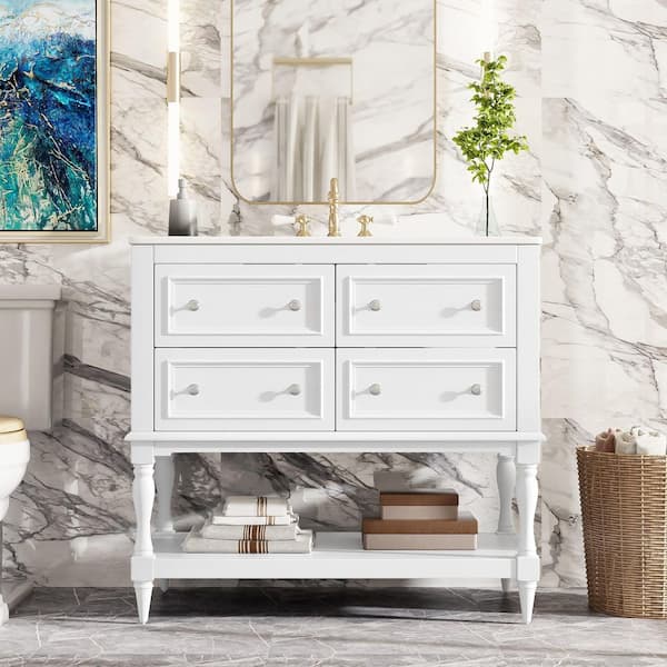 36 in. Single Sink Freestanding White Bath Vanity with White Ceramic Top, 4 Drawers and Open Storage Shelf Unassembled