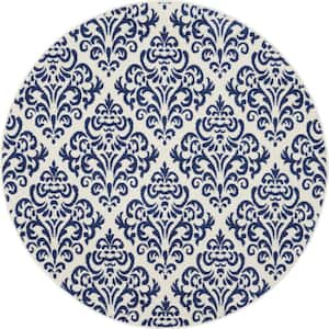 Grafix White/Blue 5 ft. x 5 ft. Persian Geometric Transitional Round Area Rug